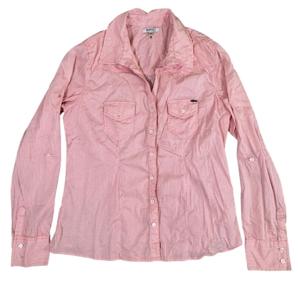 Buffalo David Bitton Pink Gingham Button Up Shirt Womens L Long Sleeve Stretch